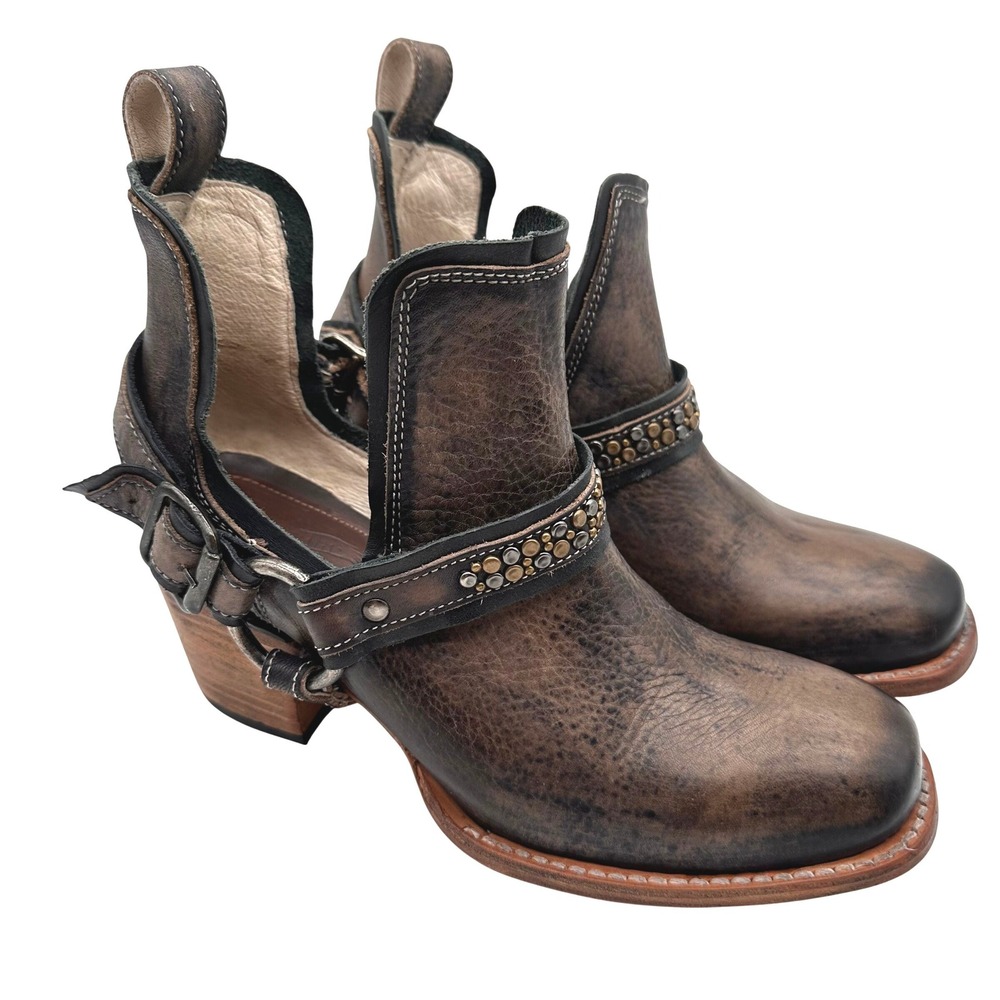 Freebird by Steven DUSTY Women Brown Leather Studded Harness Cut Ankle Boots 8